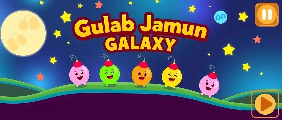 Gulab Jamun Galaxy gameplay screenshot showing colorful gulab jamun characters in a galaxy setting