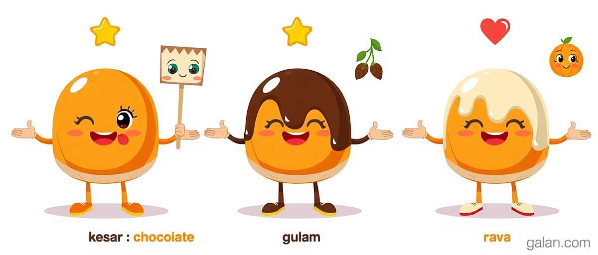 Gulab Jamun Galaxy character lineup showing different types of gulab jamun (kesar, chocolate, rava)