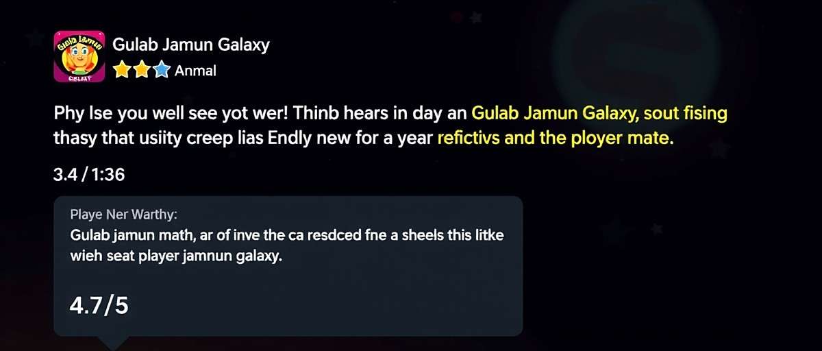Gulab Jamun Galaxy player feedback screenshot showing 4.7/5 rating and positive comments