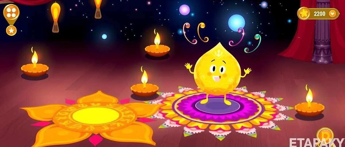 Gulab Jamun Galaxy Diwali event screenshot showing rangoli patterns, diyas, and golden gulab jamun character